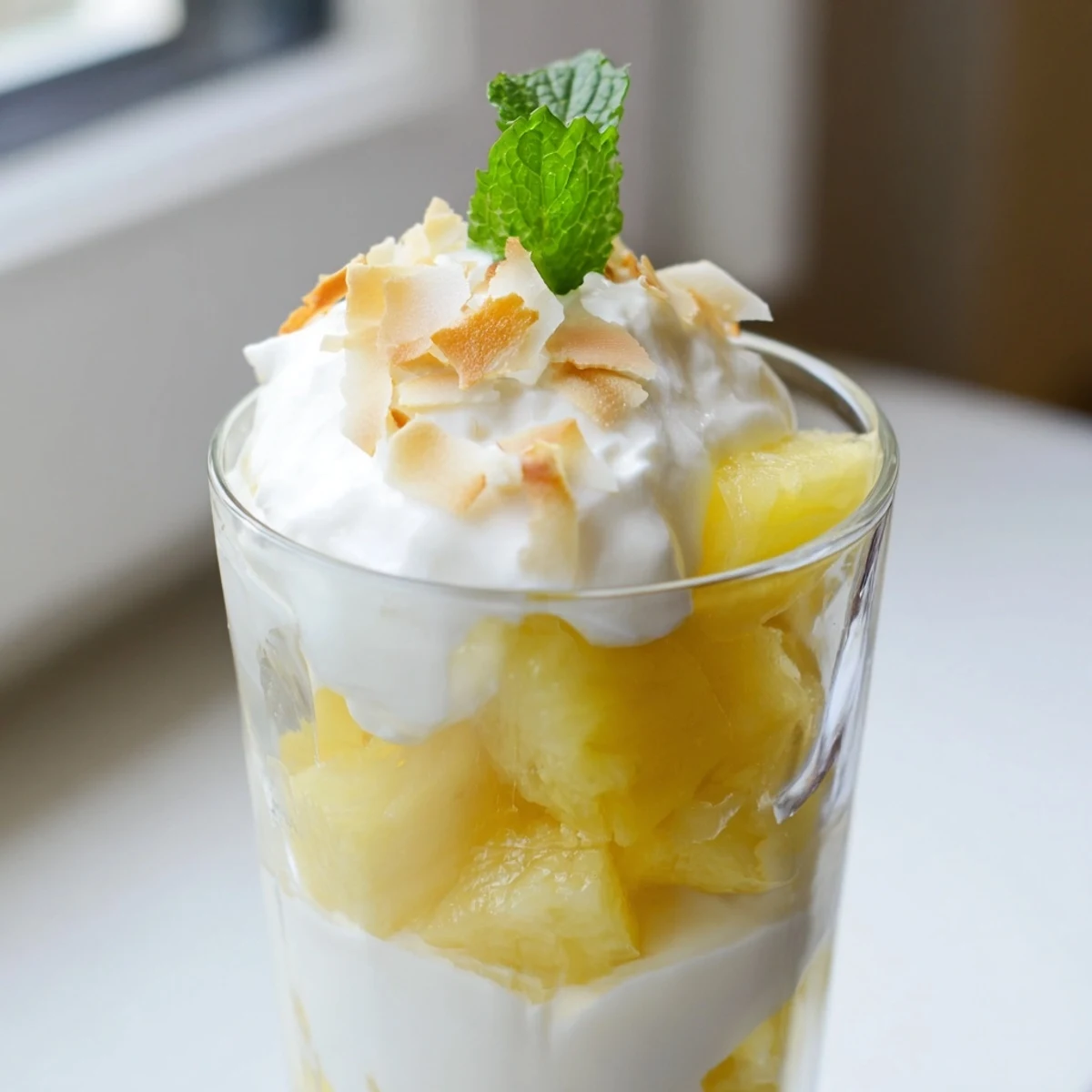 Creamy mini pineapple condensed coconut milk dessert cups topped with toasted coconut flakes and fresh mint
