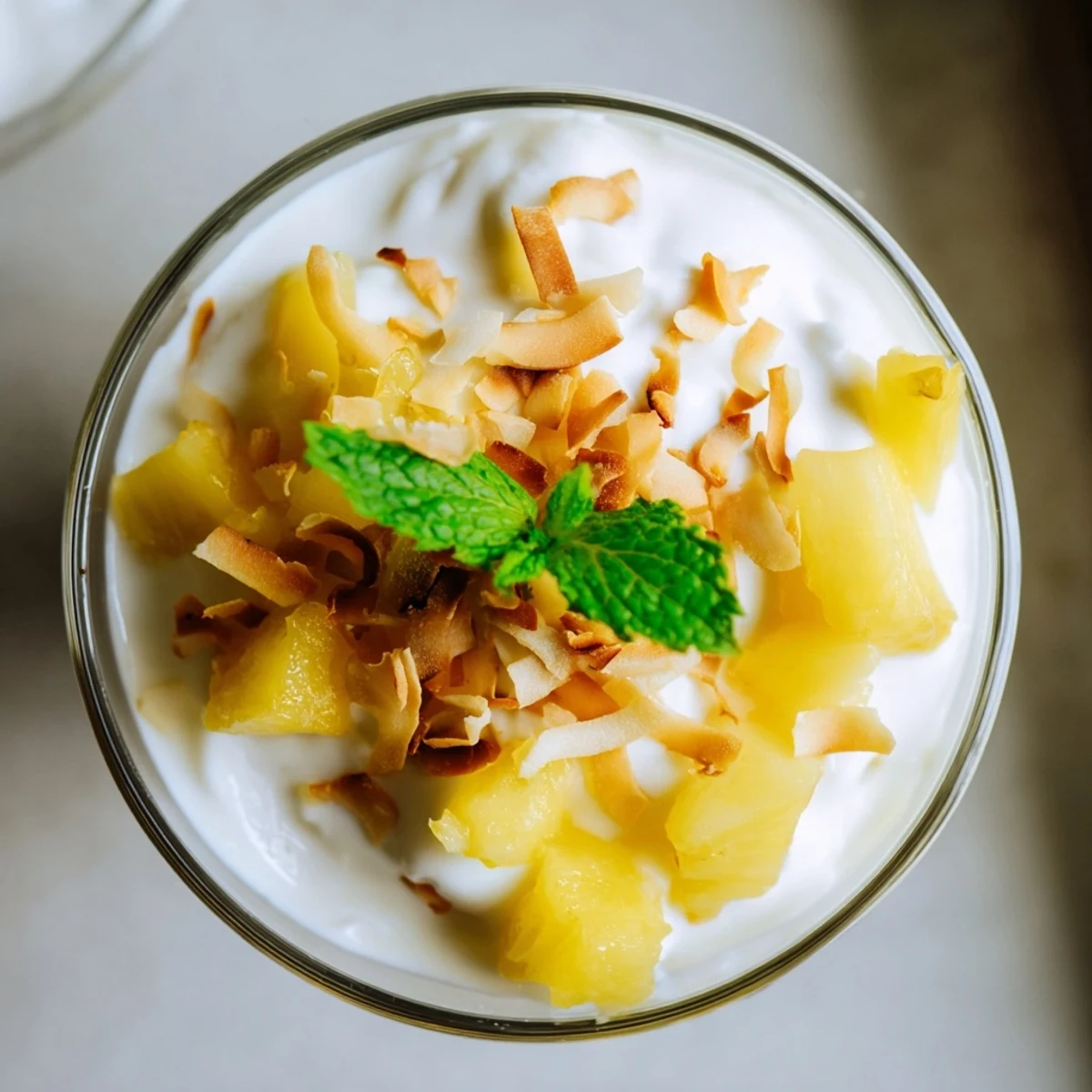 Golden diced pineapple layered under rich mini pineapple condensed coconut milk in elegant glass serving cups