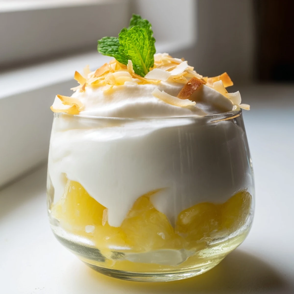 Mini pineapple condensed coconut milk parfaits garnished with toasted coconut and bright green mint leaves