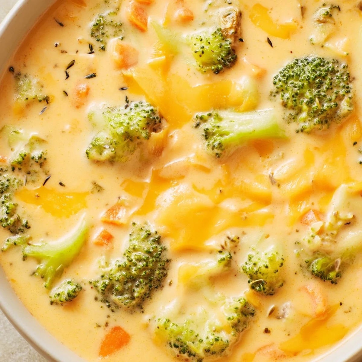 Creamy slow cooker broccoli cheese soup in a rustic bowl with crusty bread alongside