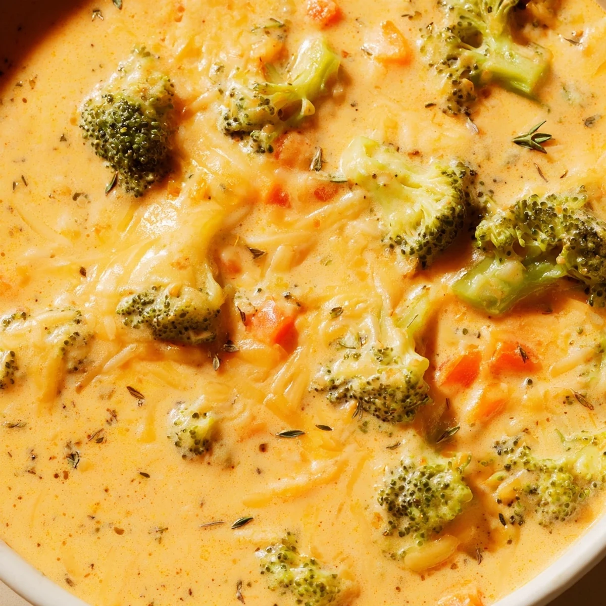 Thick slow cooker broccoli cheese soup topped with melted cheddar and golden croutons
