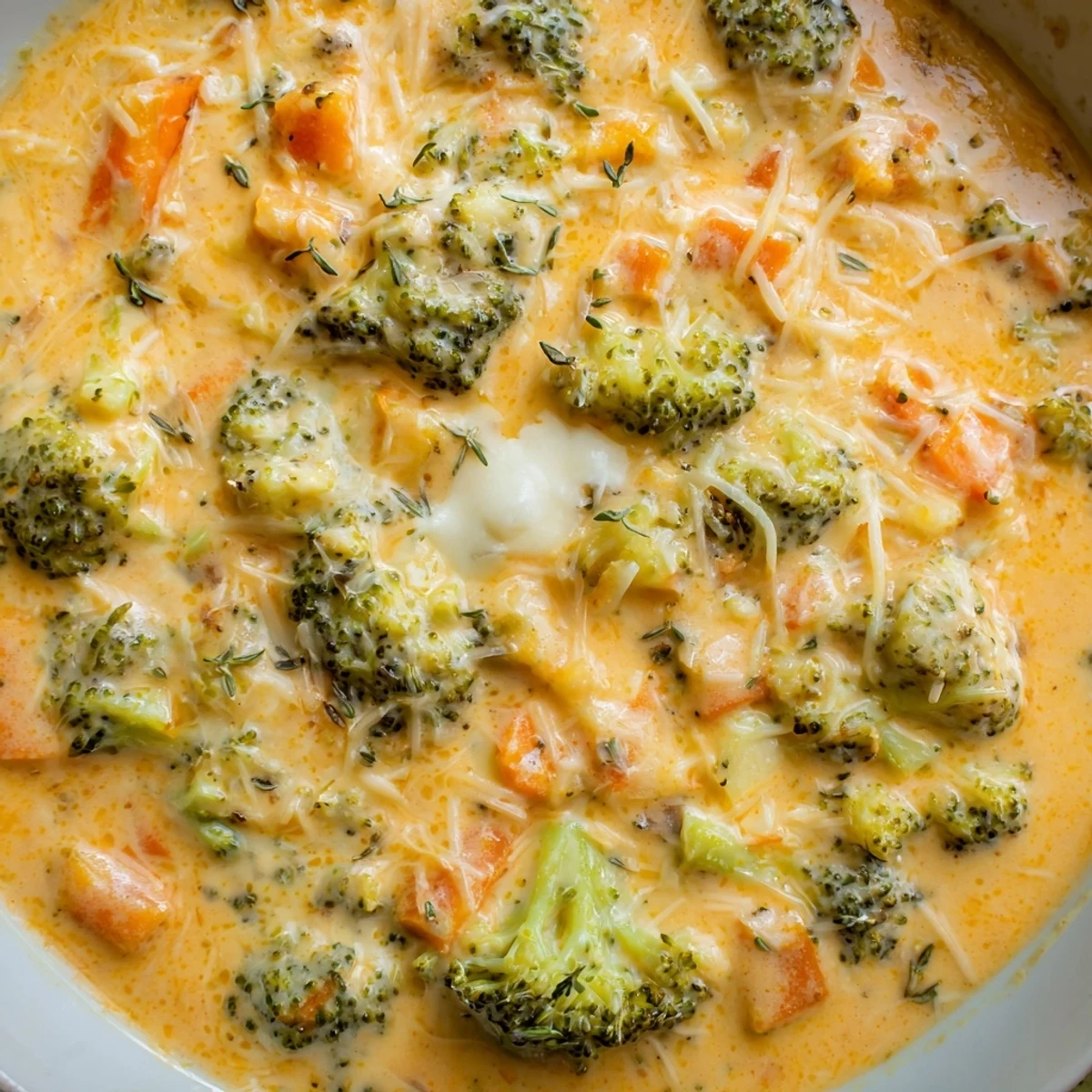 Steaming bowl of slow cooker broccoli cheese soup garnished with fresh thyme sprigs