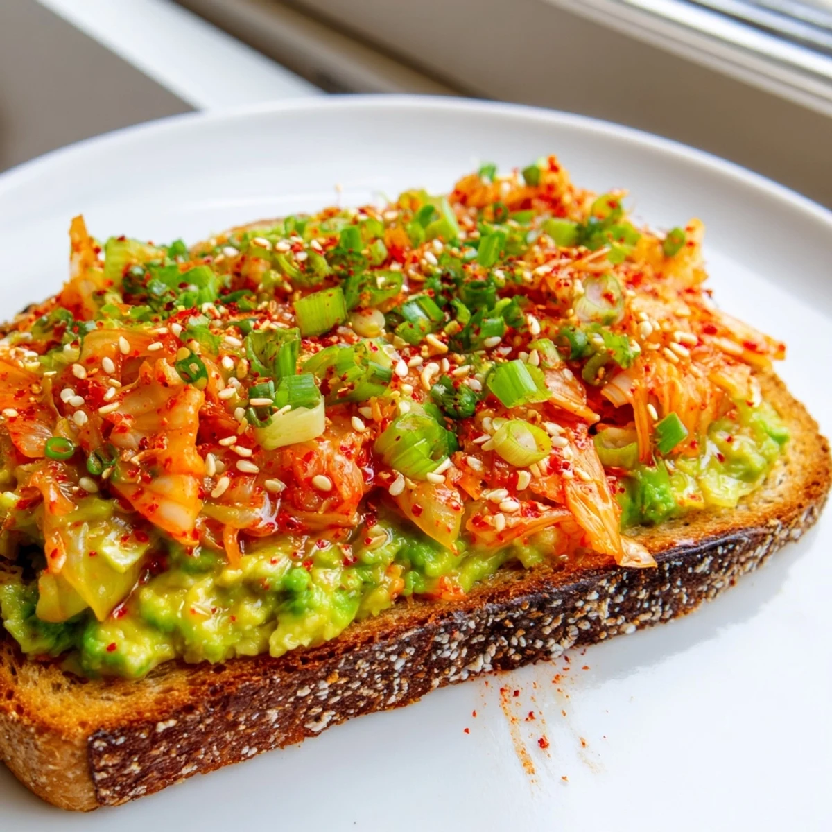 Creamy kimchi avocado toast topped with sesame seeds on crispy golden sourdough