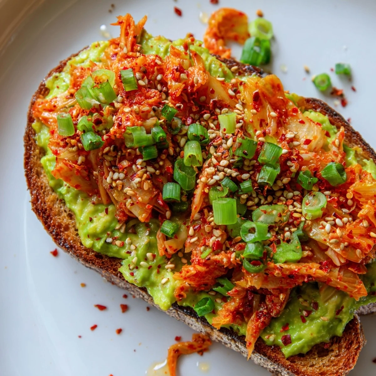 Spicy ruby-red kimchi piled over mashed avocado on rustic toasted bread