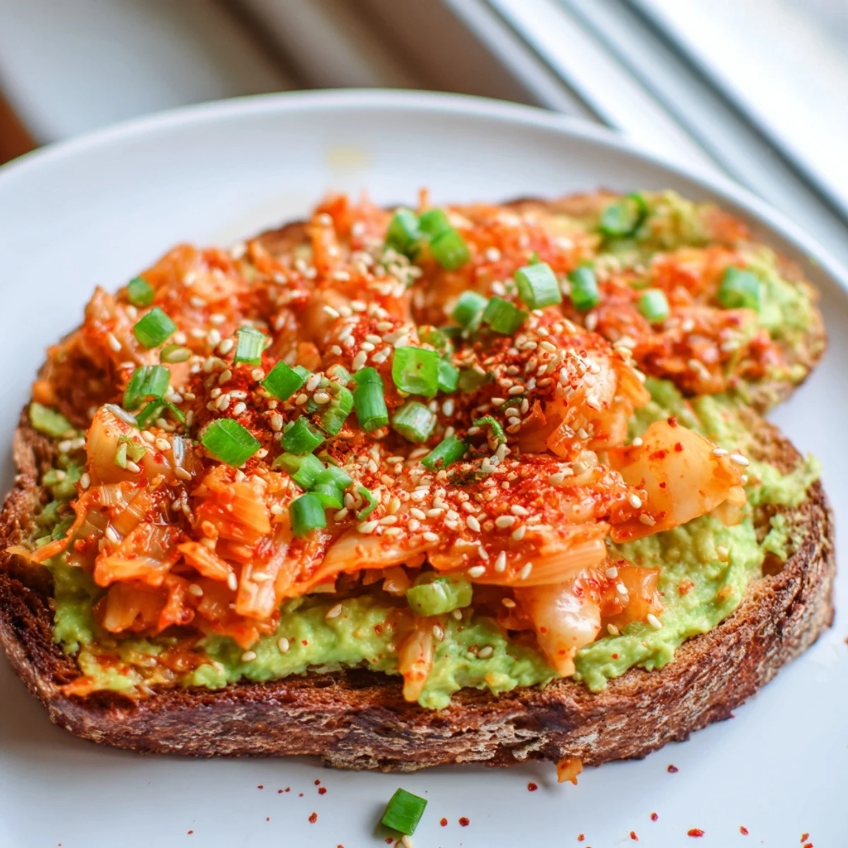 Kimchi avocado toast garnished with scallions and red pepper flakes, served fresh