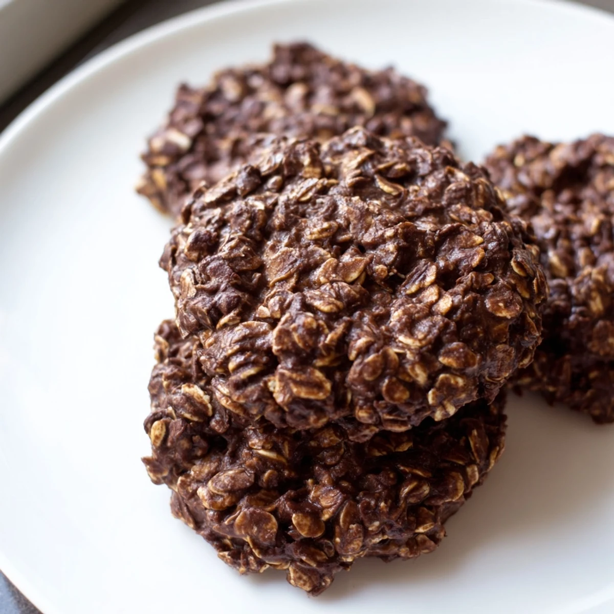 Glossy chocolate oatmeal no bake cookies studded with hearty oats on a rustic plate