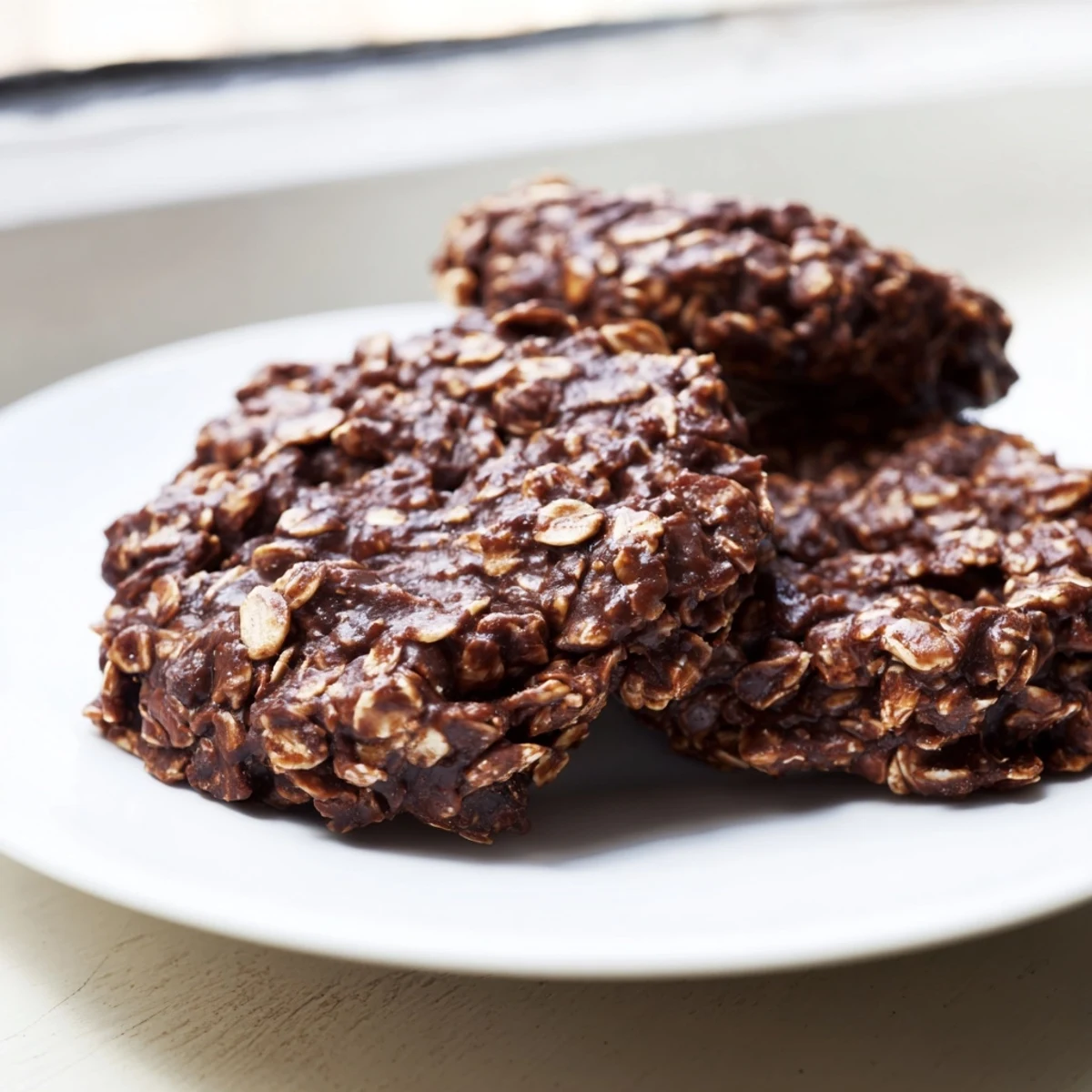 Fudgy chocolate oatmeal no bake cookies piled on a parchment-lined baking sheet