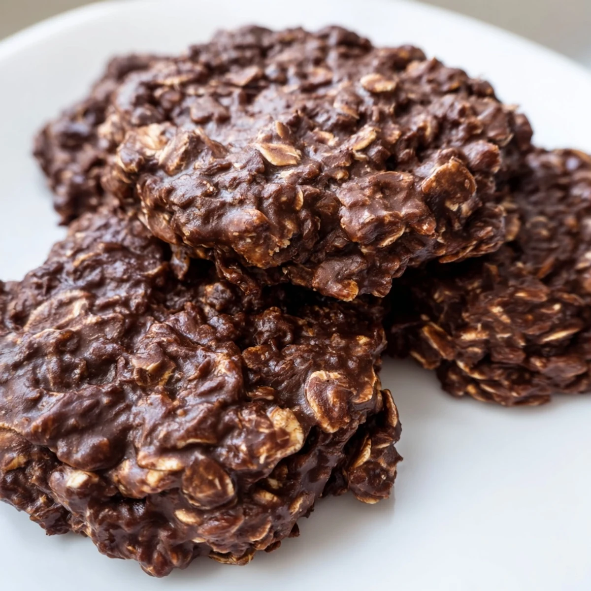 Chewy chocolate oatmeal no bake cookies dotted with peanut butter swirls cooling at room temperature