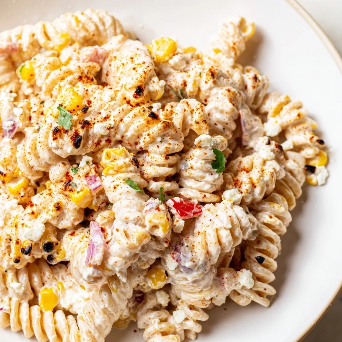 Creamy elote street corn pasta salad topped with crumbled Cotija and fresh cilantro