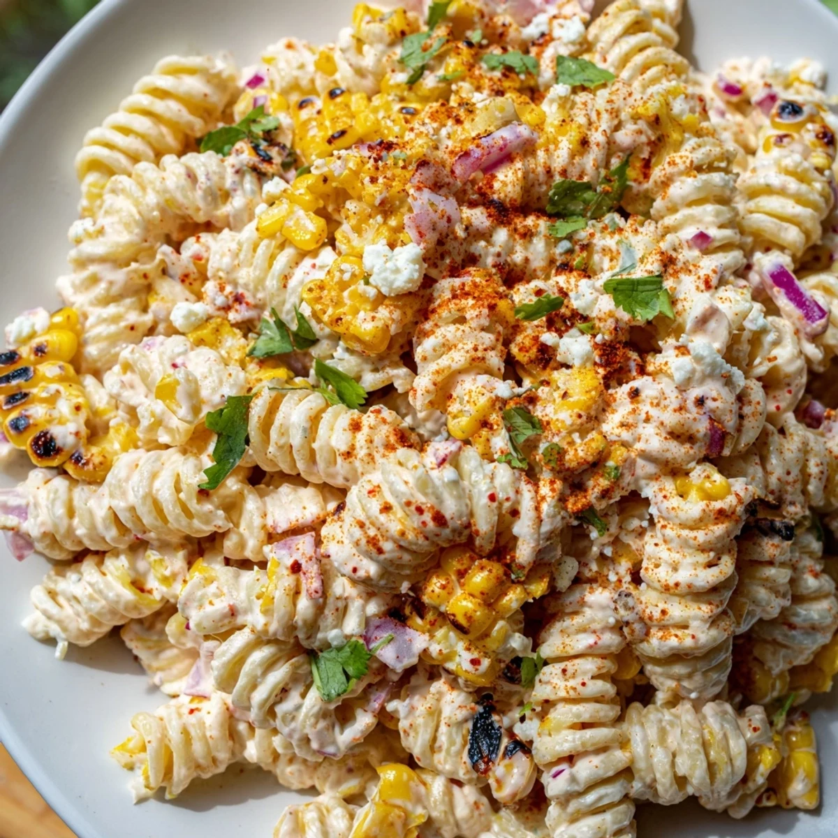 Vibrant elote street corn pasta salad served in a bowl with lime wedges
