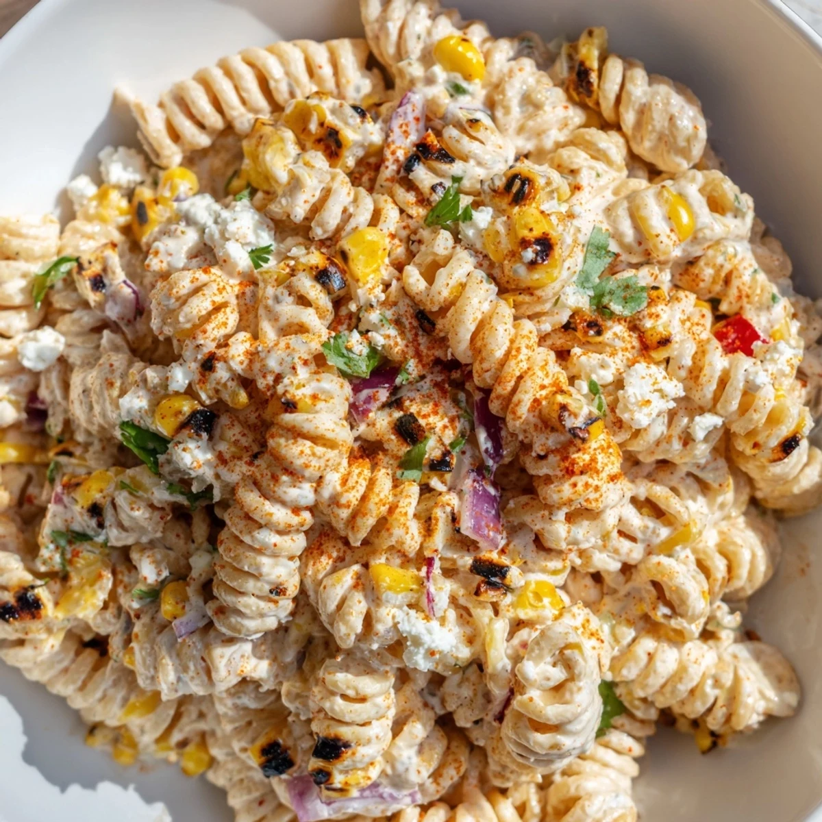 Charred corn and tender rotini tossed in a zesty lime chili dressing
