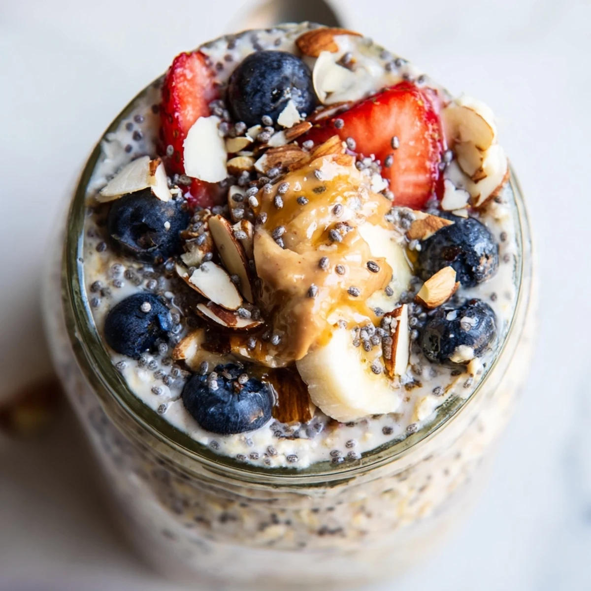 Thick protein overnight oats layered with sliced banana and nut butter