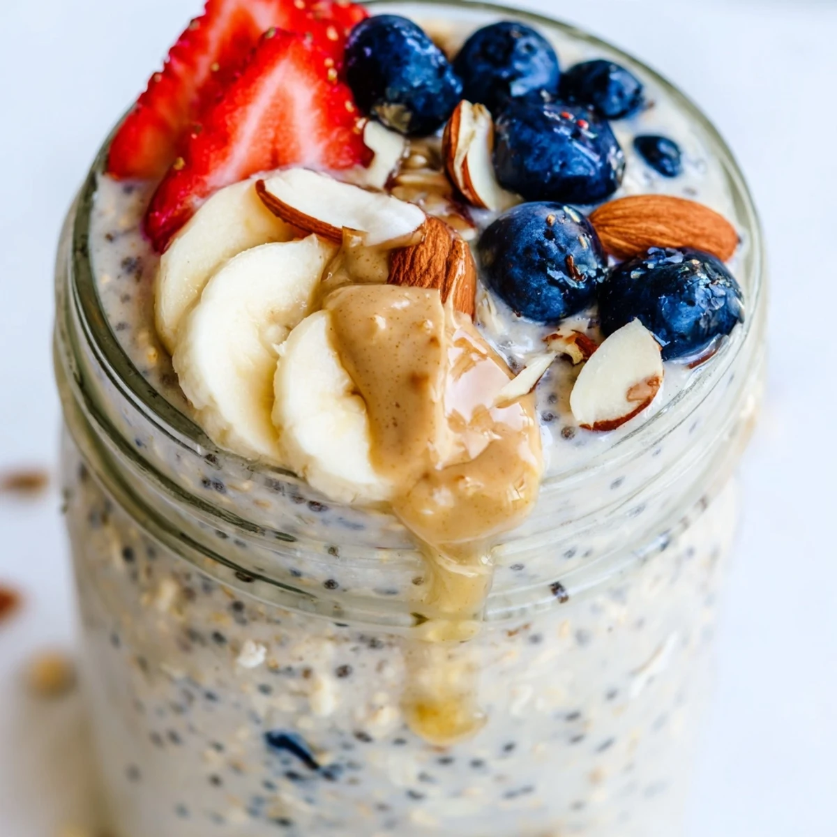 Creamy protein overnight oats topped with fresh berries in a glass jar