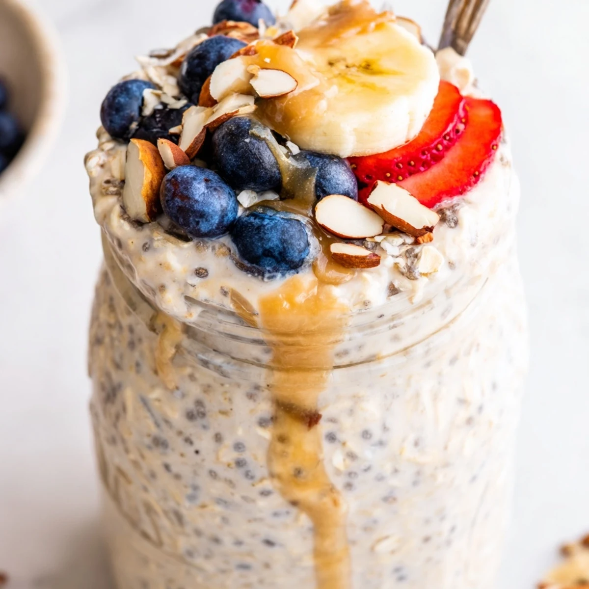 Cold protein overnight oats served with Greek yogurt and a drizzle of honey