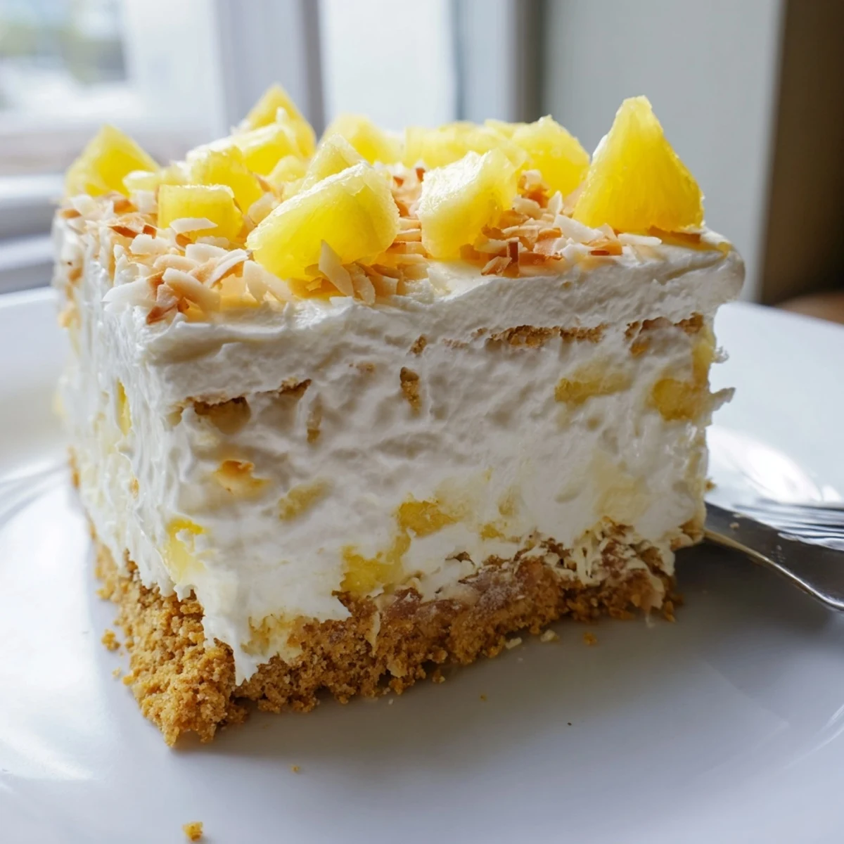 Creamy no bake pineapple coconut cream cake sliced and topped with golden toasted coconut flakes