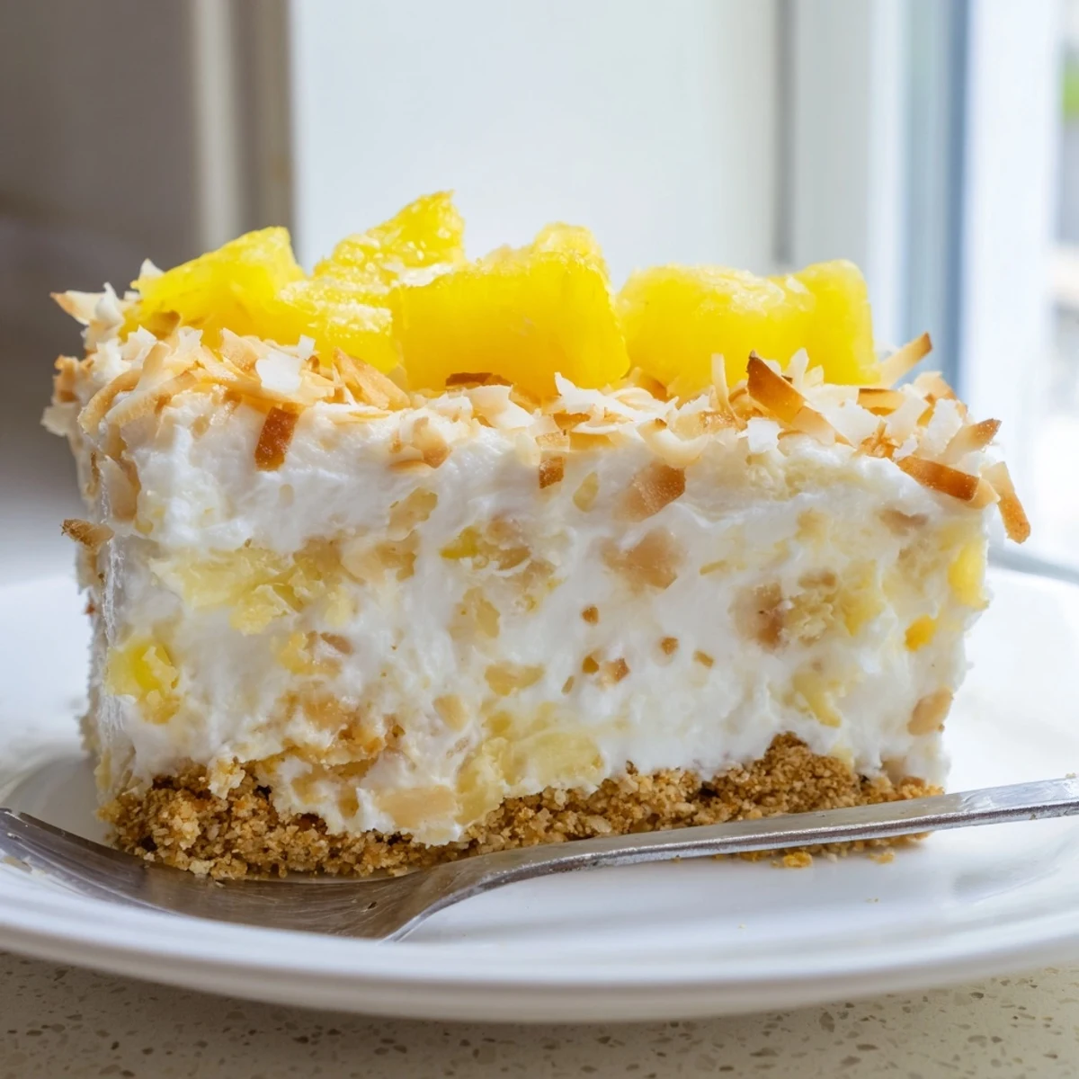 Tropical no bake pineapple coconut cream cake with a thick graham cracker crust and whipped topping