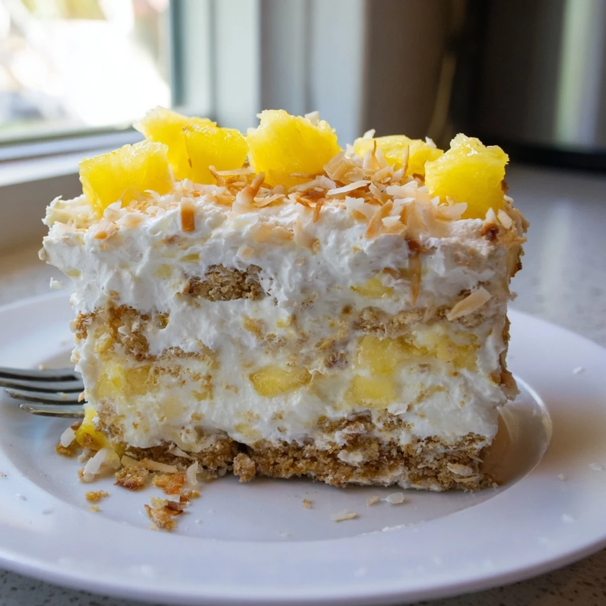 Chilled no bake pineapple coconut cream cake garnished with fresh juicy pineapple chunks on a dessert plate