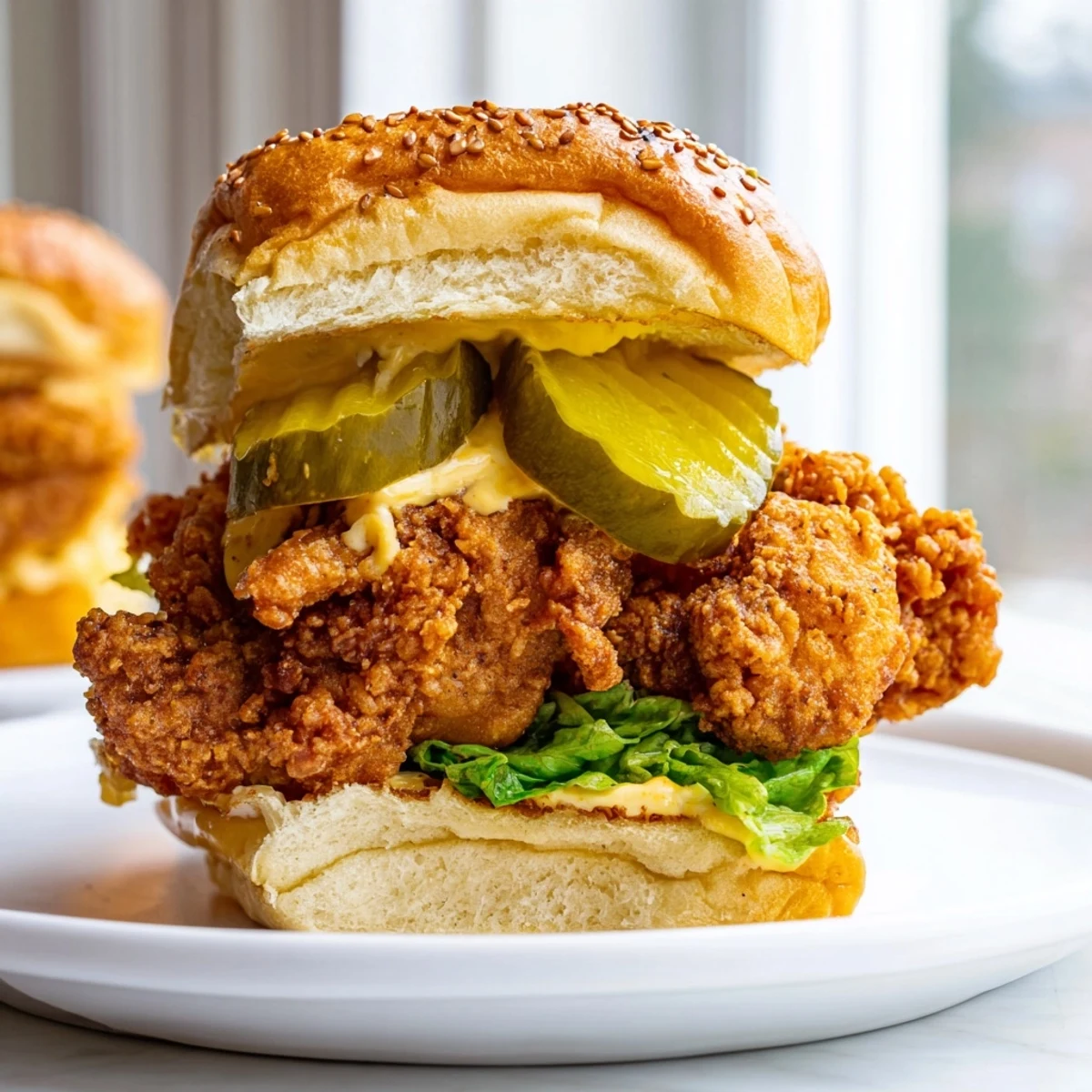 Juicy Pickle Brined Fried Chicken Sliders drizzled with tangy mustard mayo on toasted buns