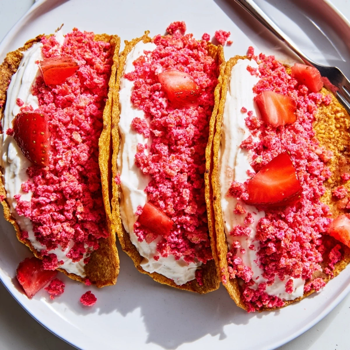 Creamy cheesecake mousse in golden crispy shells topped with strawberry crunch crumble