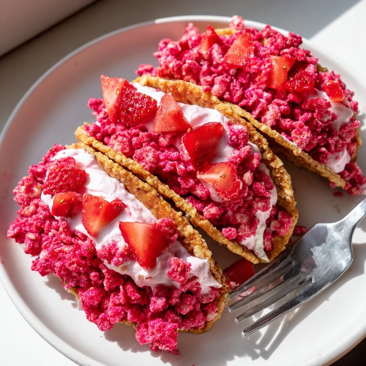 Crispy cinnamon sugar taco shells filled with creamy strawberry crunch cheesecake tacos