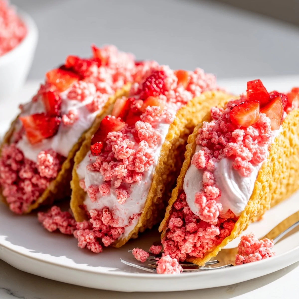 Golden tortilla shells pipe filled with cheesecake and bright strawberry crunch cheesecake tacos