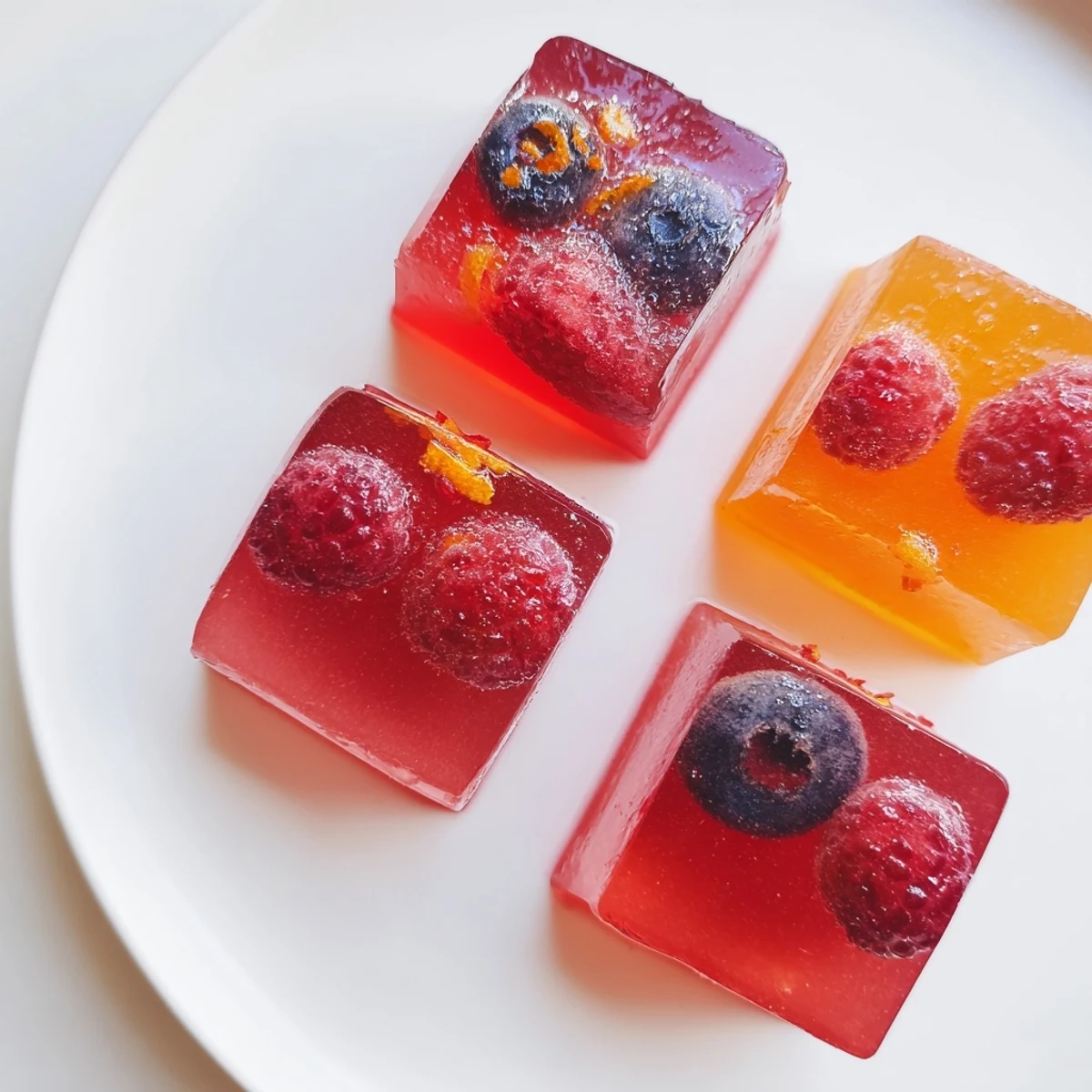 Colorful collagen fruit jellies glistening in silicone molds with fresh berry garnish