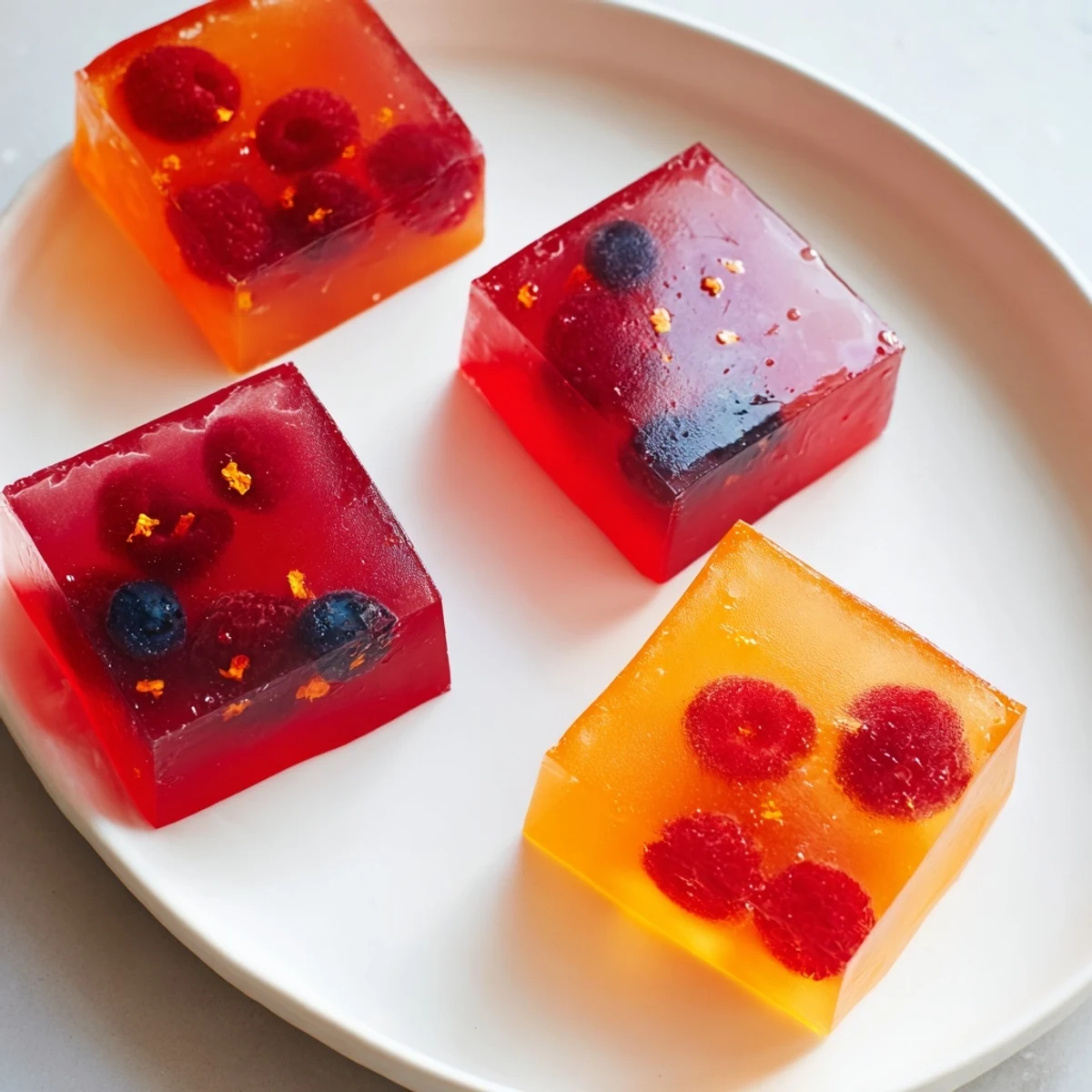 Homemade collagen fruit jellies cut into jewel-toned squares on a chilled serving plate