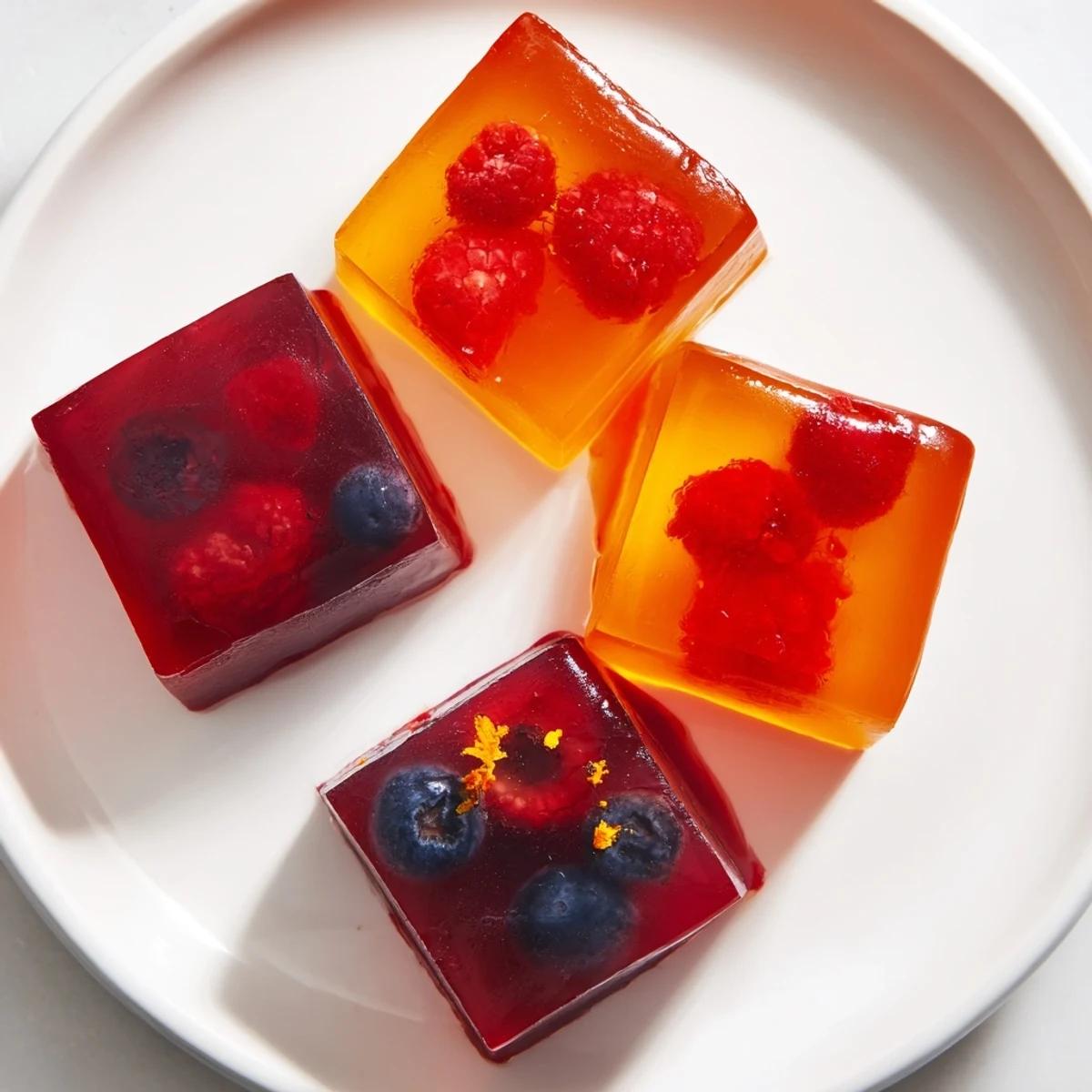 Translucent collagen fruit jellies topped with citrus zest and sliced ripe strawberries