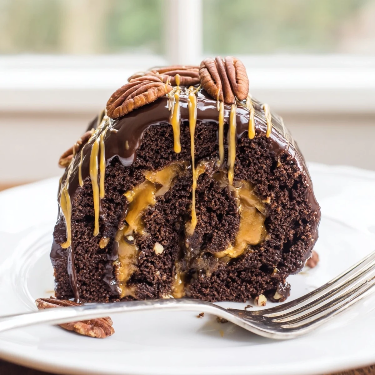 Gooey Chocolate Caramel Turtle Cake Roll sliced and drizzled with ganache, topped with pecan halves on a rustic serving plate.