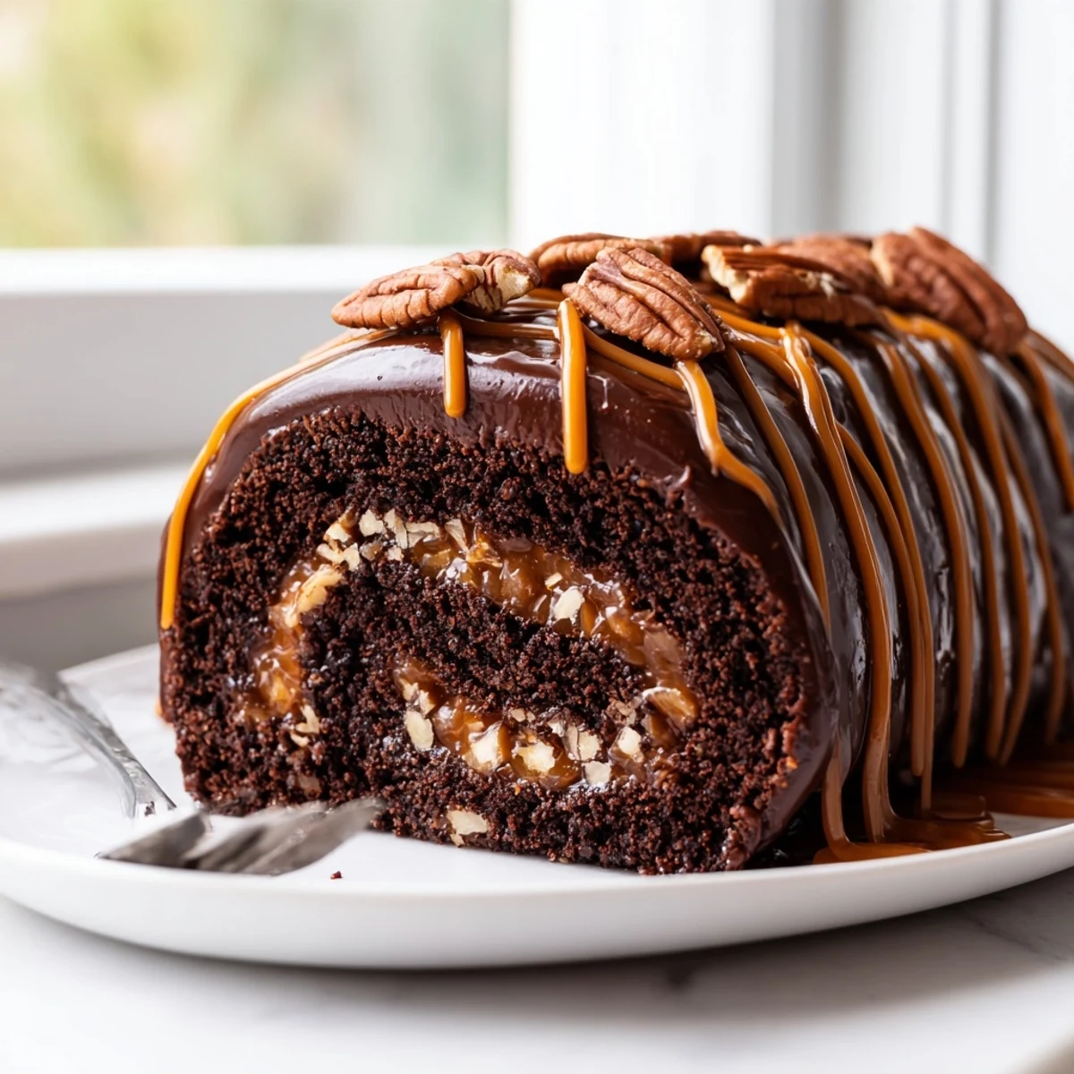 A spiral slice of Gooey Chocolate Caramel Turtle Cake Roll revealing rich caramel filling, toasted pecans, and fudgy chocolate sponge.
