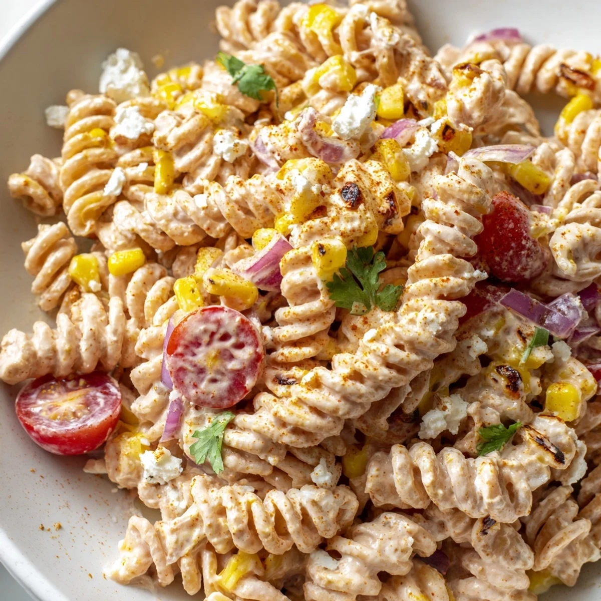 Smoky grilled corn and tender rotini tossed in a tangy chili-lime dressing for elote street corn pasta salad