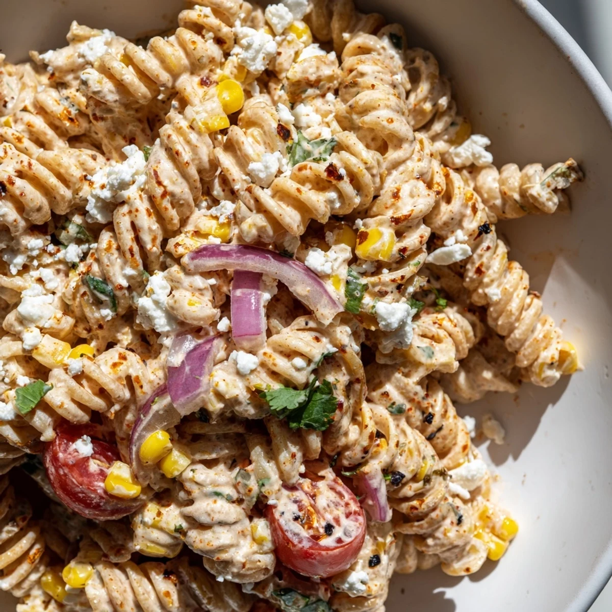 Creamy elote street corn pasta salad topped with crumbled cotija cheese and fresh cilantro