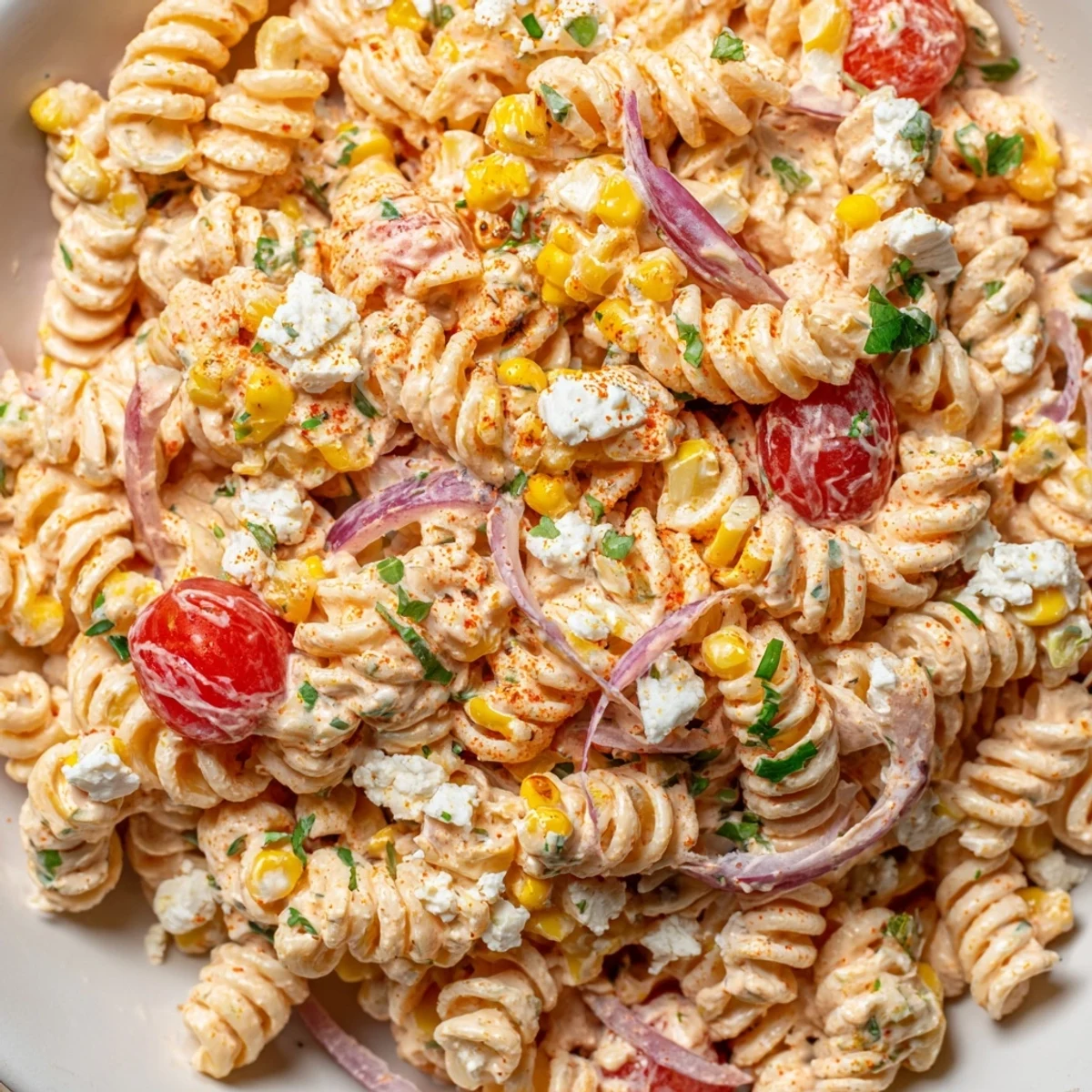 Vibrant elote street corn pasta salad served in a rustic bowl with lime wedges and juicy cherry tomatoes