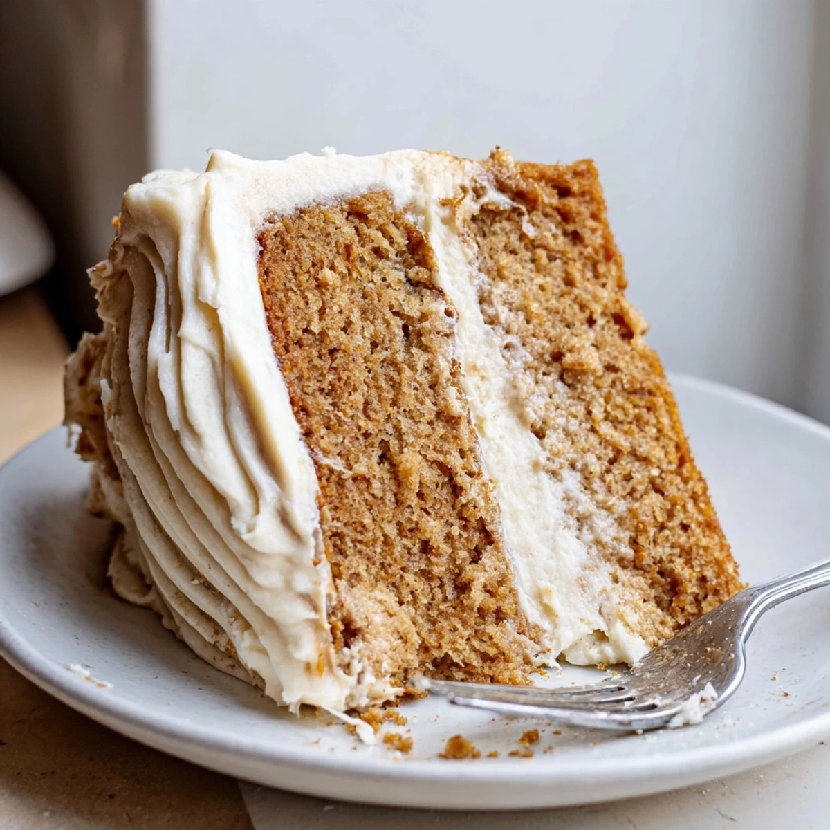Brown butter banana cake sliced thick with pillowy cream cheese frosting on a rustic wooden board