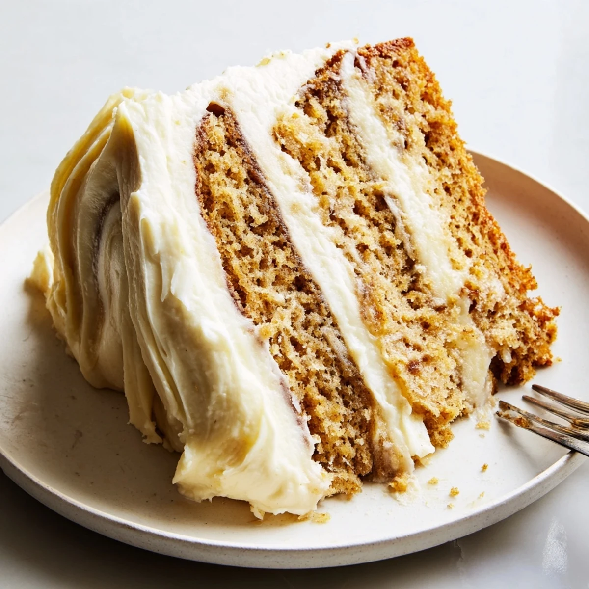 Moist brown butter banana cake layered with thick cream cheese frosting served on a white plate for a crowd