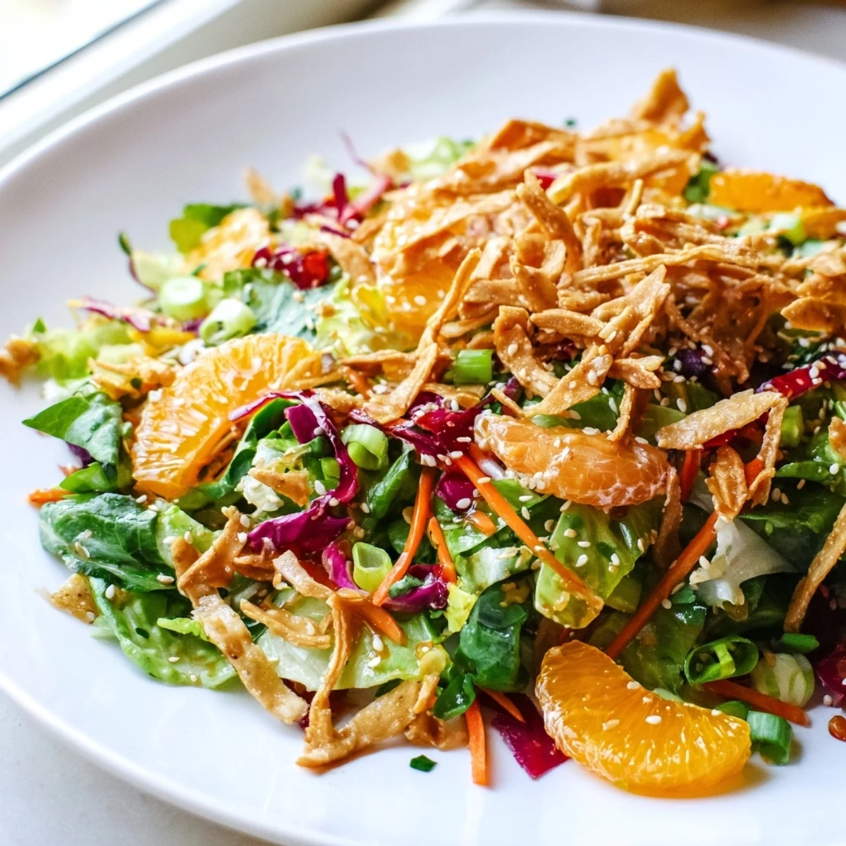 Juicy mandarin segments and crisp colorful vegetables tossed in tangy sesame dressing for this Mandarin Sesame Crunch Salad