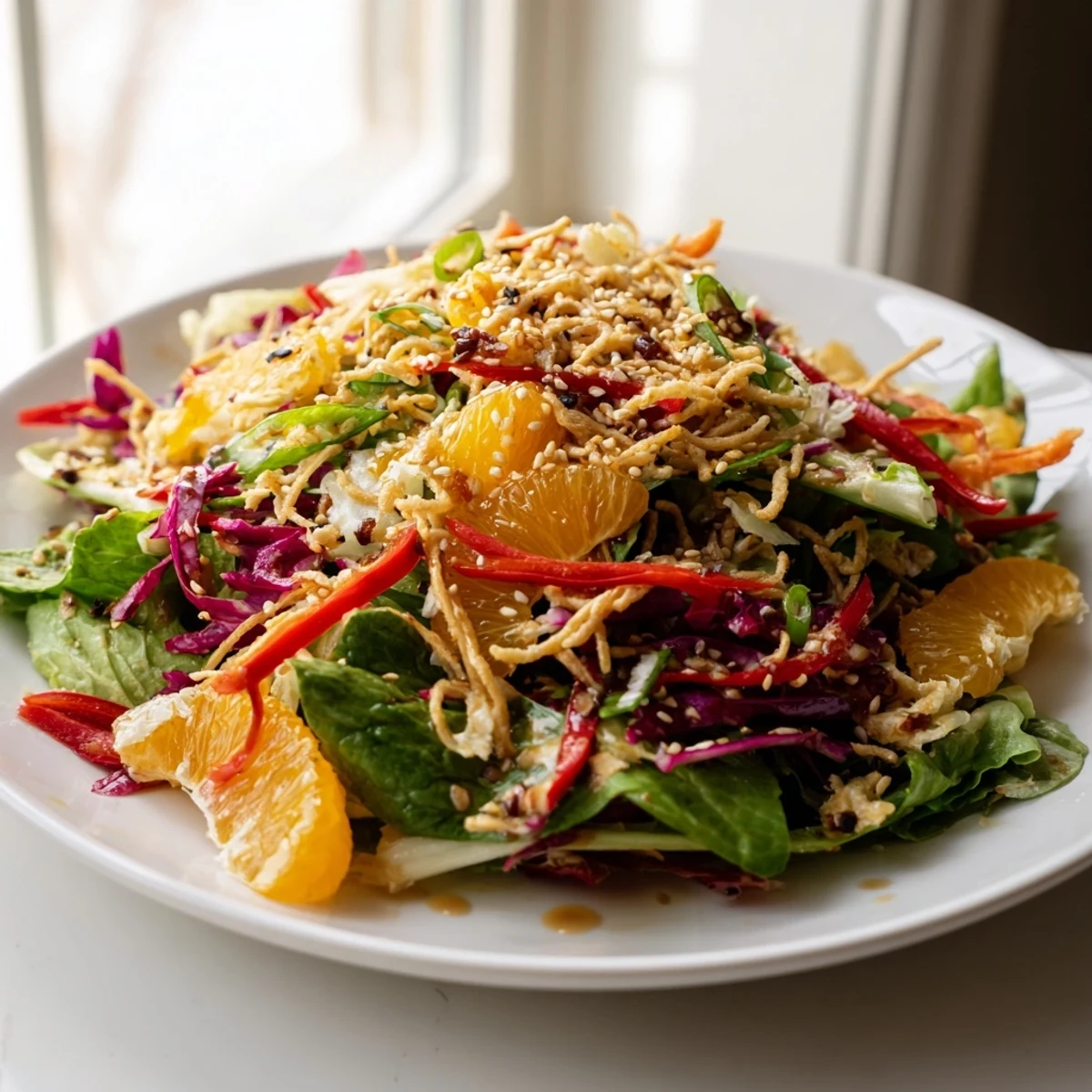 Close-up of Mandarin Sesame Crunch Salad drizzled with glossy dressing on a white serving plate