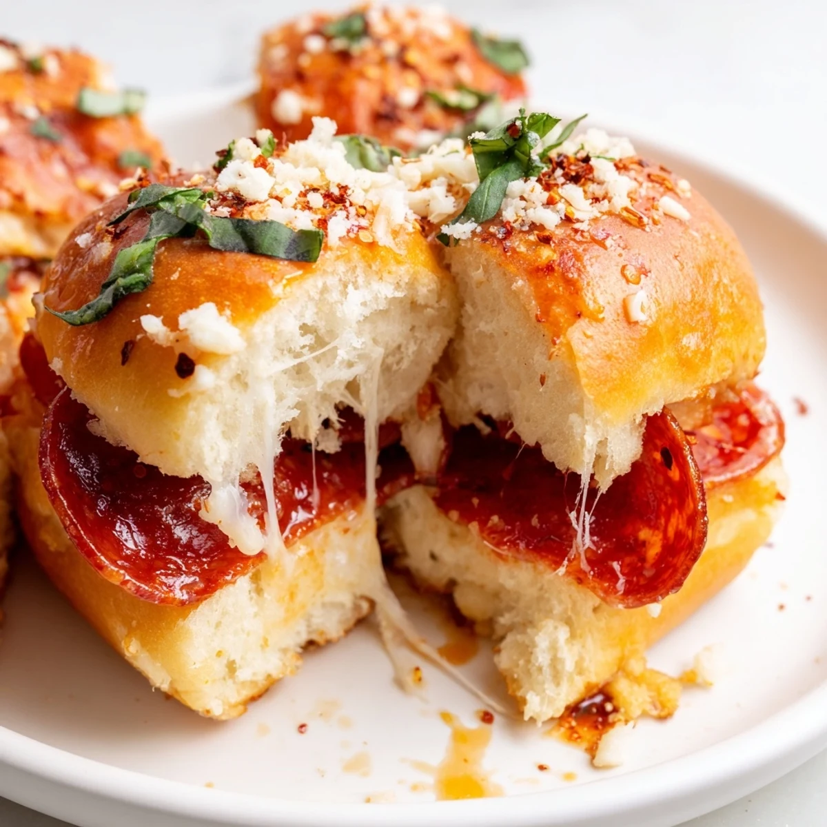 Golden hot honey pepperoni pizza sliders with bubbling mozzarella and glossy honey glaze