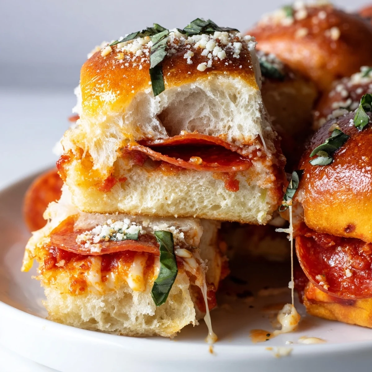 Crispy-topped hot honey pepperoni pizza sliders oozing melted cheese and zesty marinara