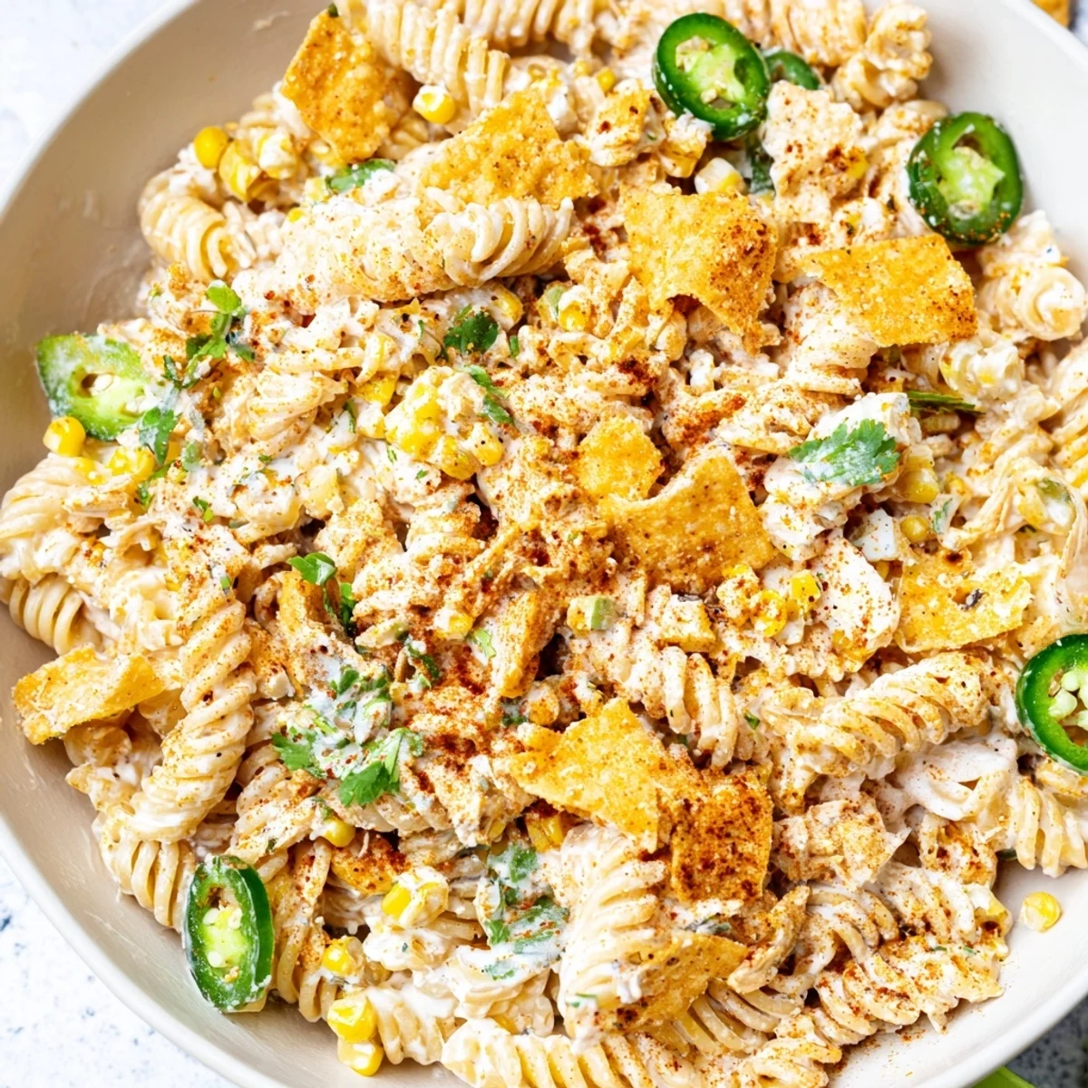 Creamy elote style Mexican street corn chicken pasta salad topped with crushed tortilla chips and fresh cilantro