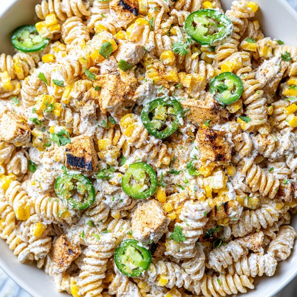 A vibrant bowl of elote style Mexican street corn chicken pasta salad with charred corn and crumbled cotija cheese