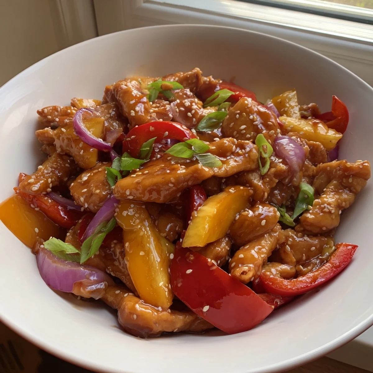 Glossy Hawaiian Chicken with caramelized pineapple chunks and colorful bell peppers in a sticky sweet sauce