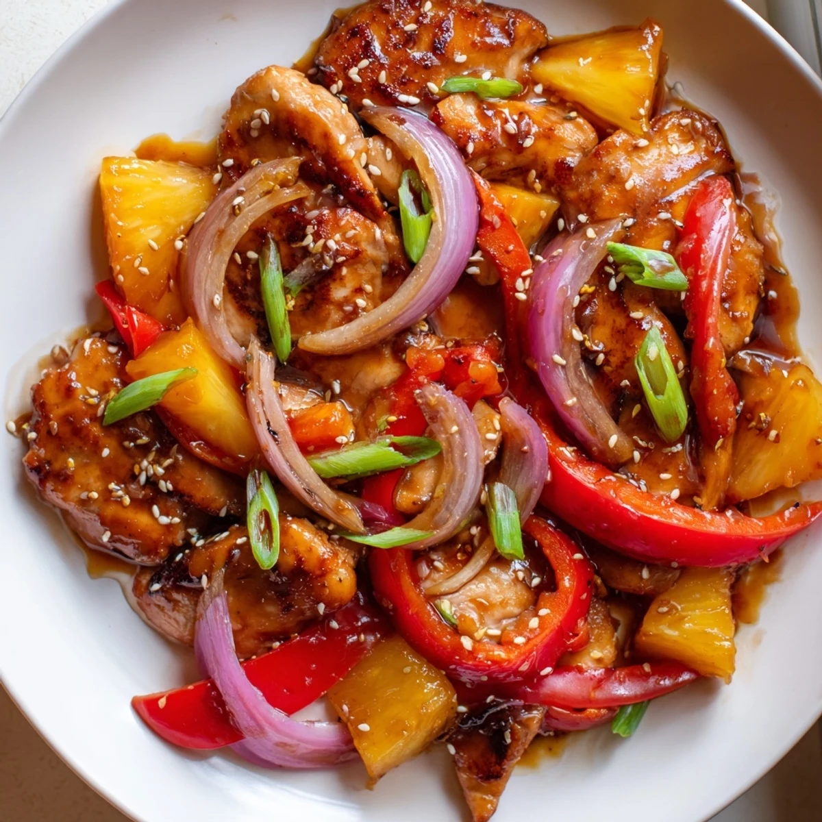 Golden pan-seared Hawaiian Chicken surrounded by vibrant stir-fried peppers onions and juicy pineapple pieces