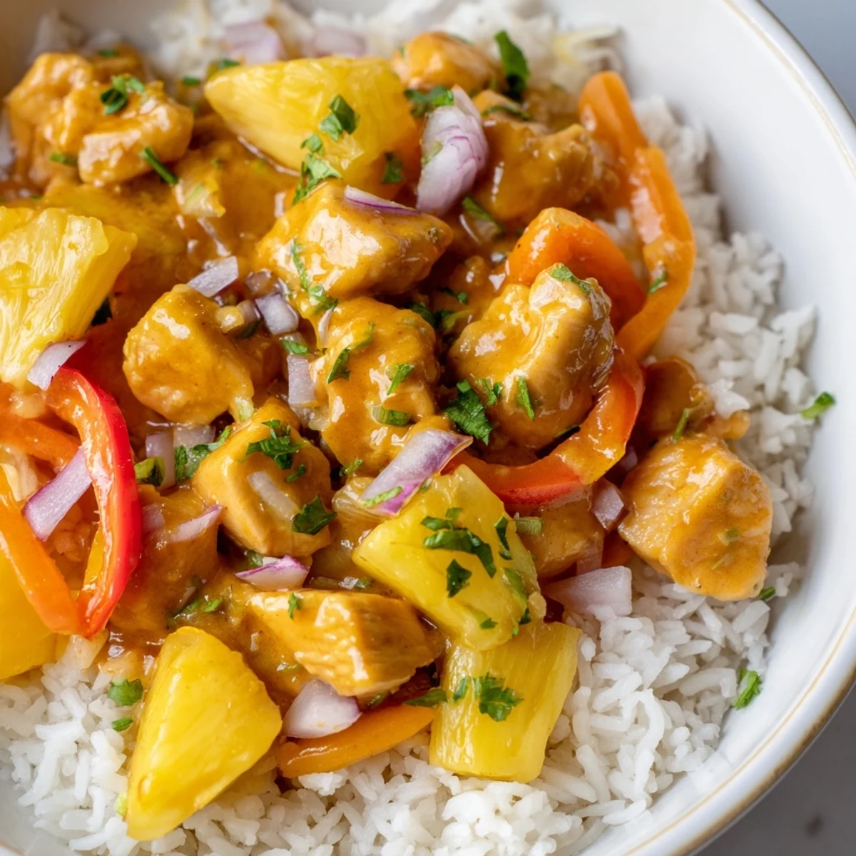 Golden chicken and pineapple in coconut lime sauce over fluffy jasmine rice