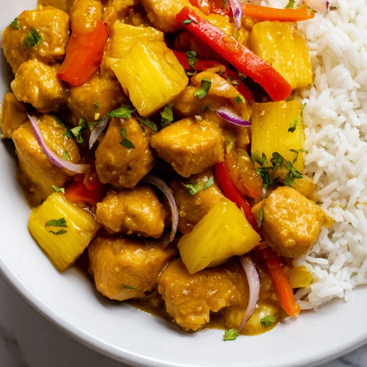 Juicy chicken tossed with colorful peppers and pineapple in creamy coconut sauce