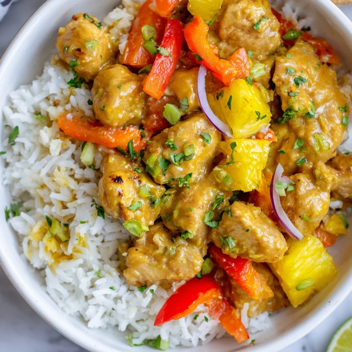 Tender chicken simmered with fresh pineapple chunks and bell peppers in coconut milk