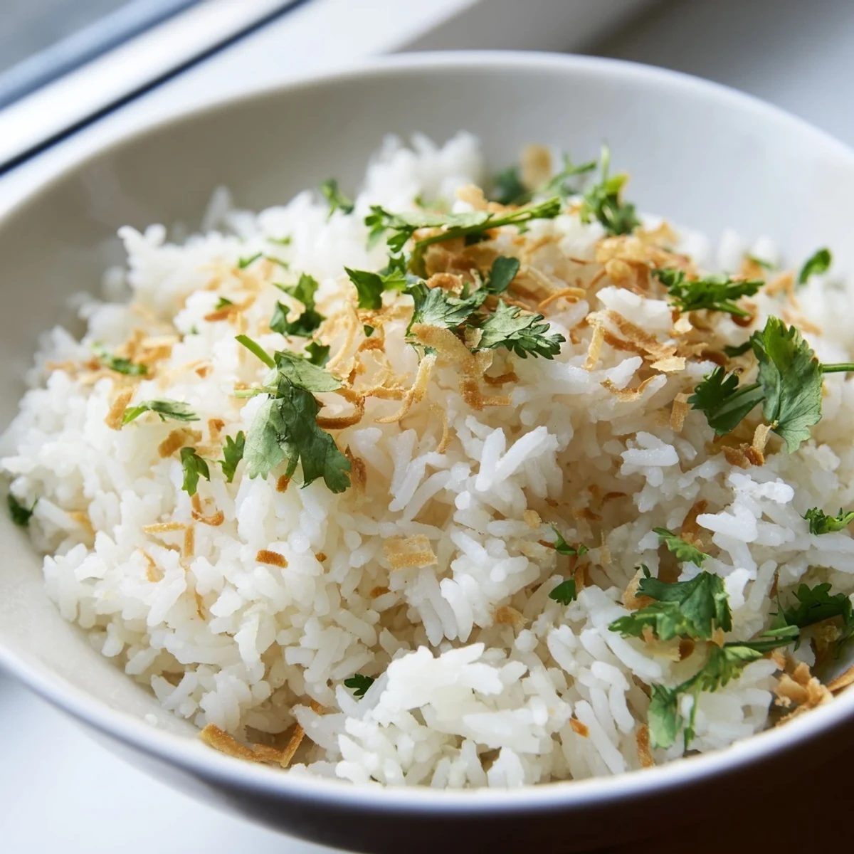 Creamy coconut rice steamed in rich coconut milk and garnished with cilantro