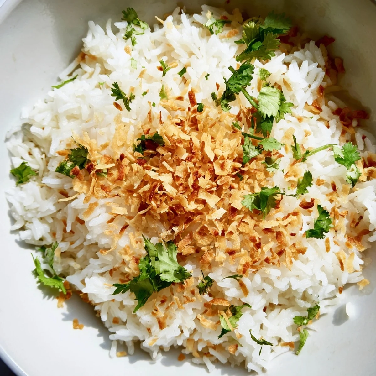 Fluffy coconut rice served in a bowl alongside a Thai curry dish