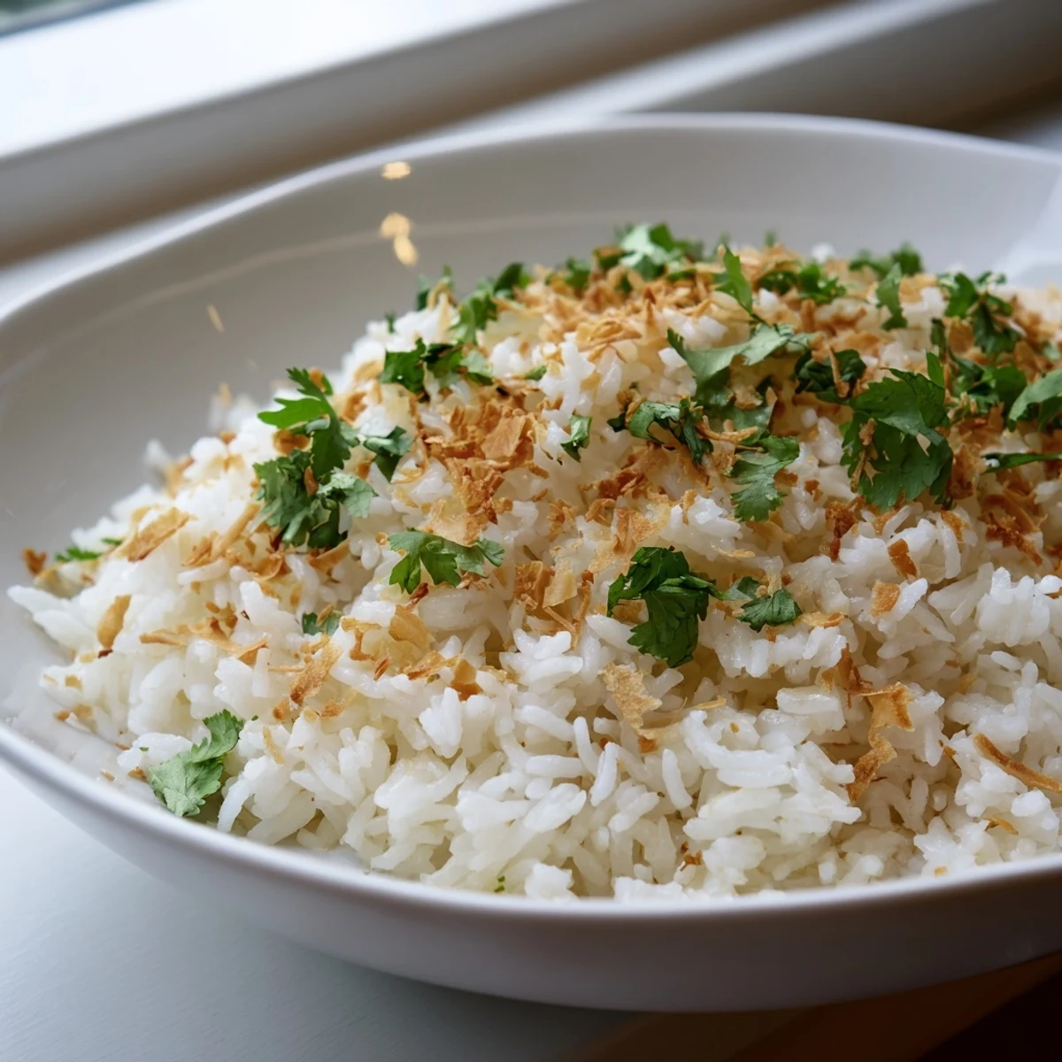 Steaming coconut rice topped with toasted coconut shreds in a white saucepan