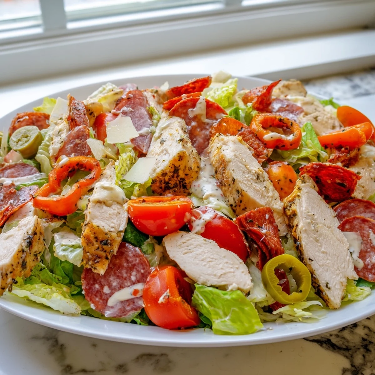 Hearty Italian grinder chicken salad loaded with deli meats and tangy pepperoncini